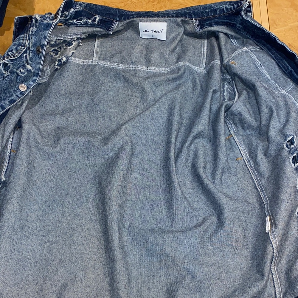 Ma Cherie Denim Distressed Jean Jacket With Belt Mid Length Size Large - Picture 14 of 16